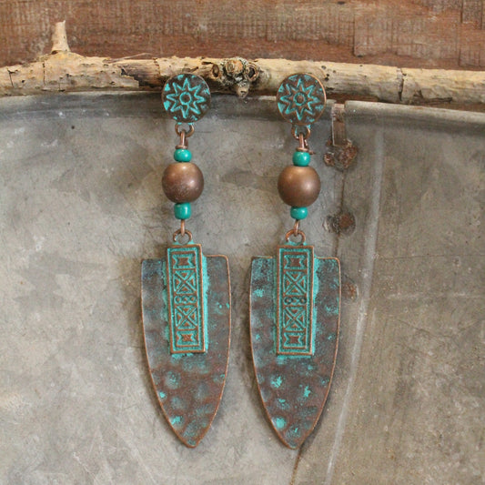 Aztec Vinca Verdigris Bead Earrings