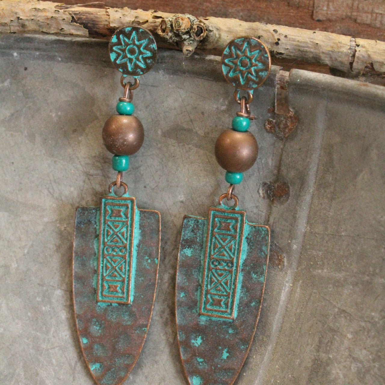 Aztec Vinca Verdigris Bead Earrings