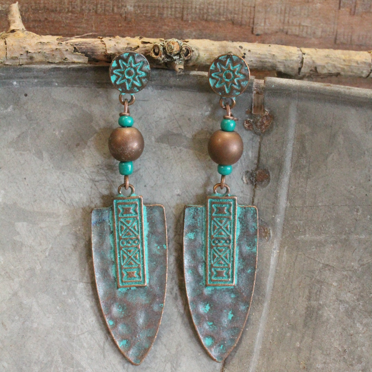 Aztec Vinca Verdigris Bead Earrings