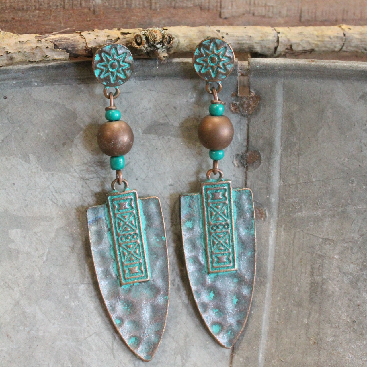 Aztec Vinca Verdigris Bead Earrings