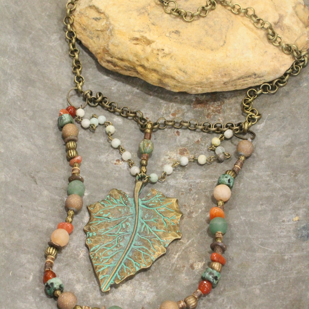 Verdigris Maple Leaf Fall Layered Necklace