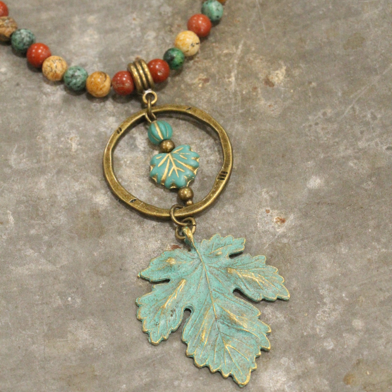 Czech Fall Leaves & Mixed Color Stone Drop Necklace