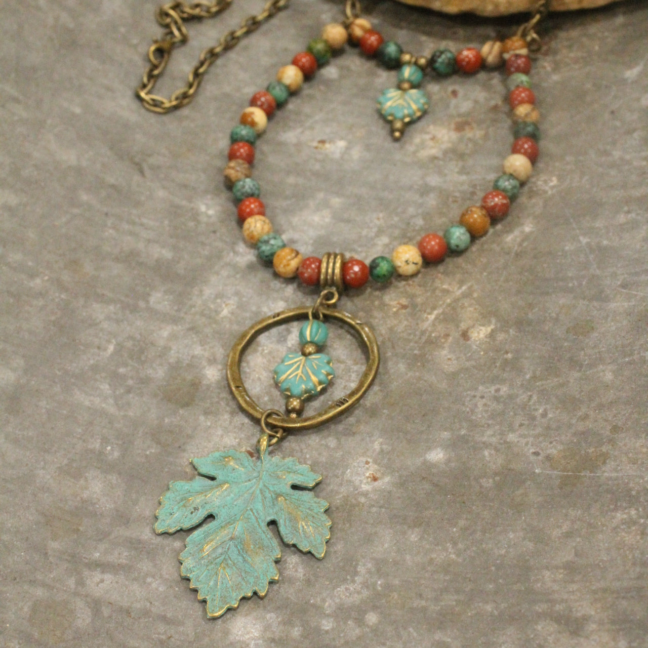 Czech Fall Leaves & Mixed Color Stone Drop Necklace