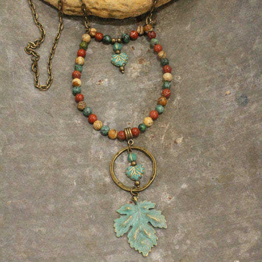 Czech Fall Leaves & Mixed Color Stone Drop Necklace