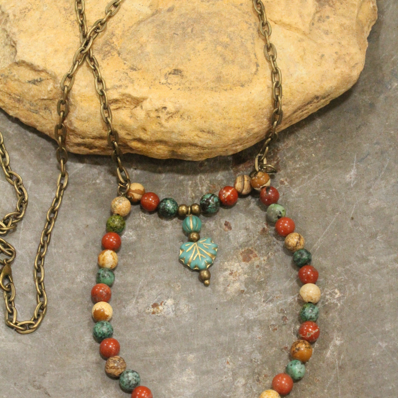 Czech Fall Leaves & Mixed Color Stone Drop Necklace