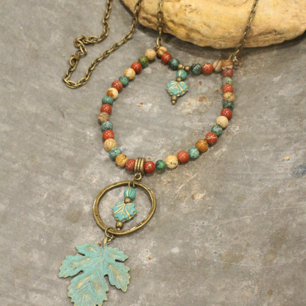 Czech Fall Leaves & Mixed Color Stone Drop Necklace