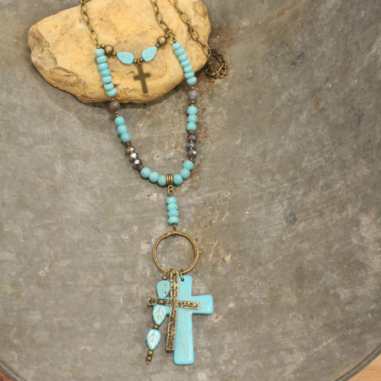 Turquoise Cross & Leaf Drop Pendant Layered Necklace