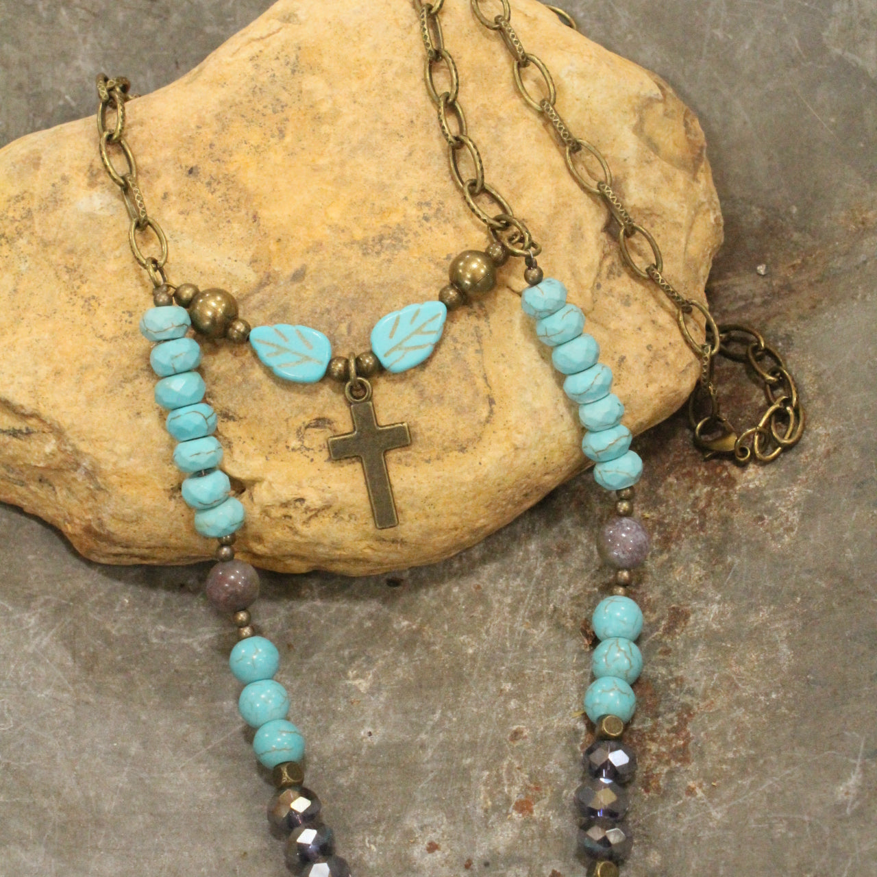 Turquoise Cross & Leaf Drop Pendant Layered Necklace