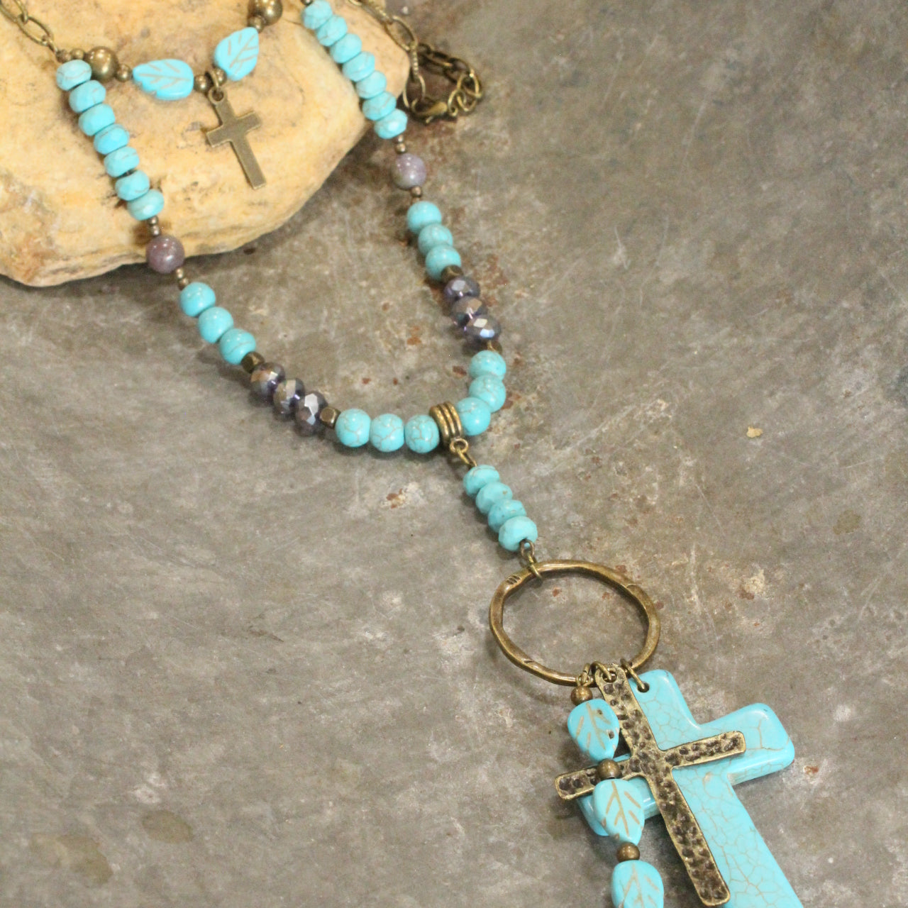 Turquoise Cross & Leaf Drop Pendant Layered Necklace