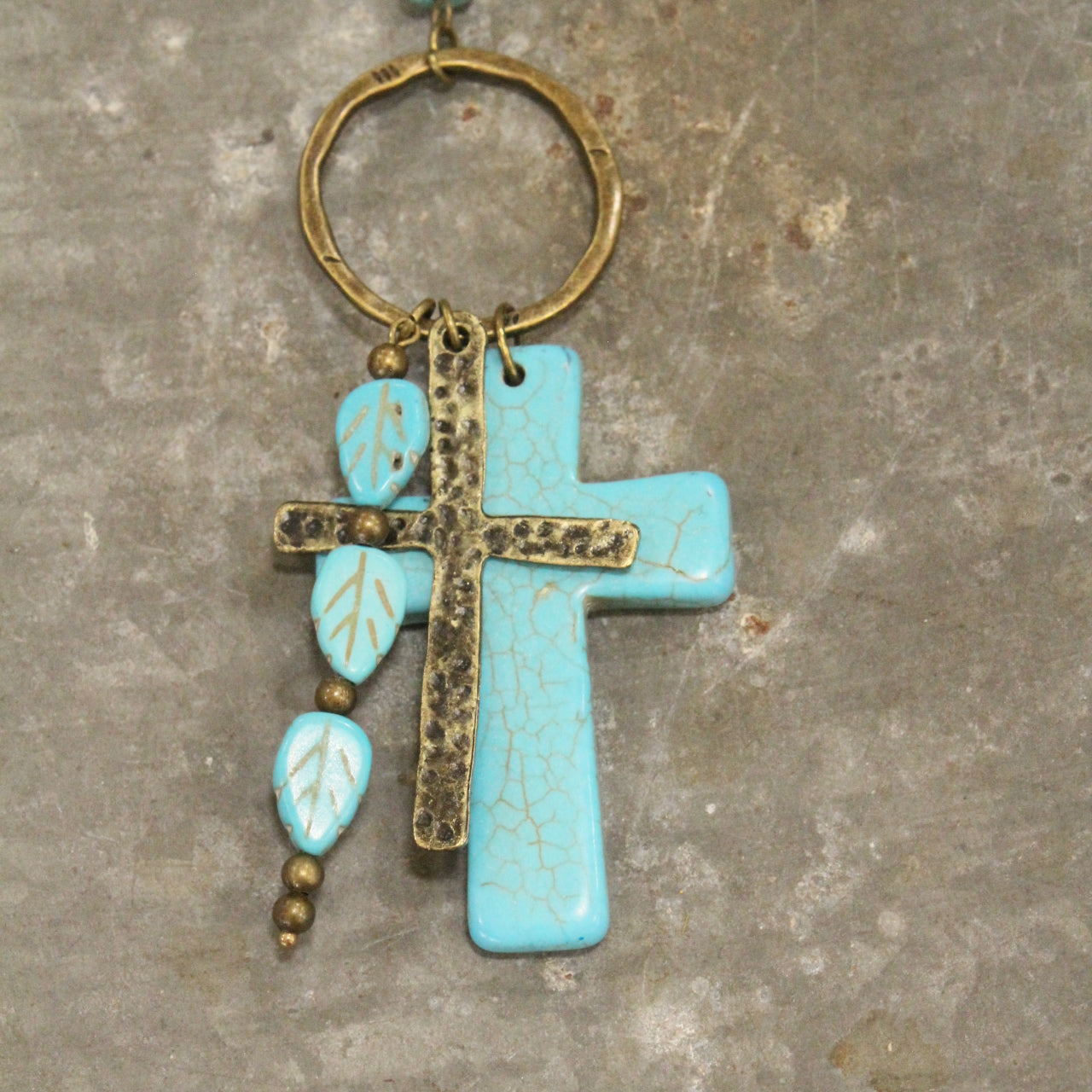 Turquoise Cross & Leaf Drop Pendant Layered Necklace