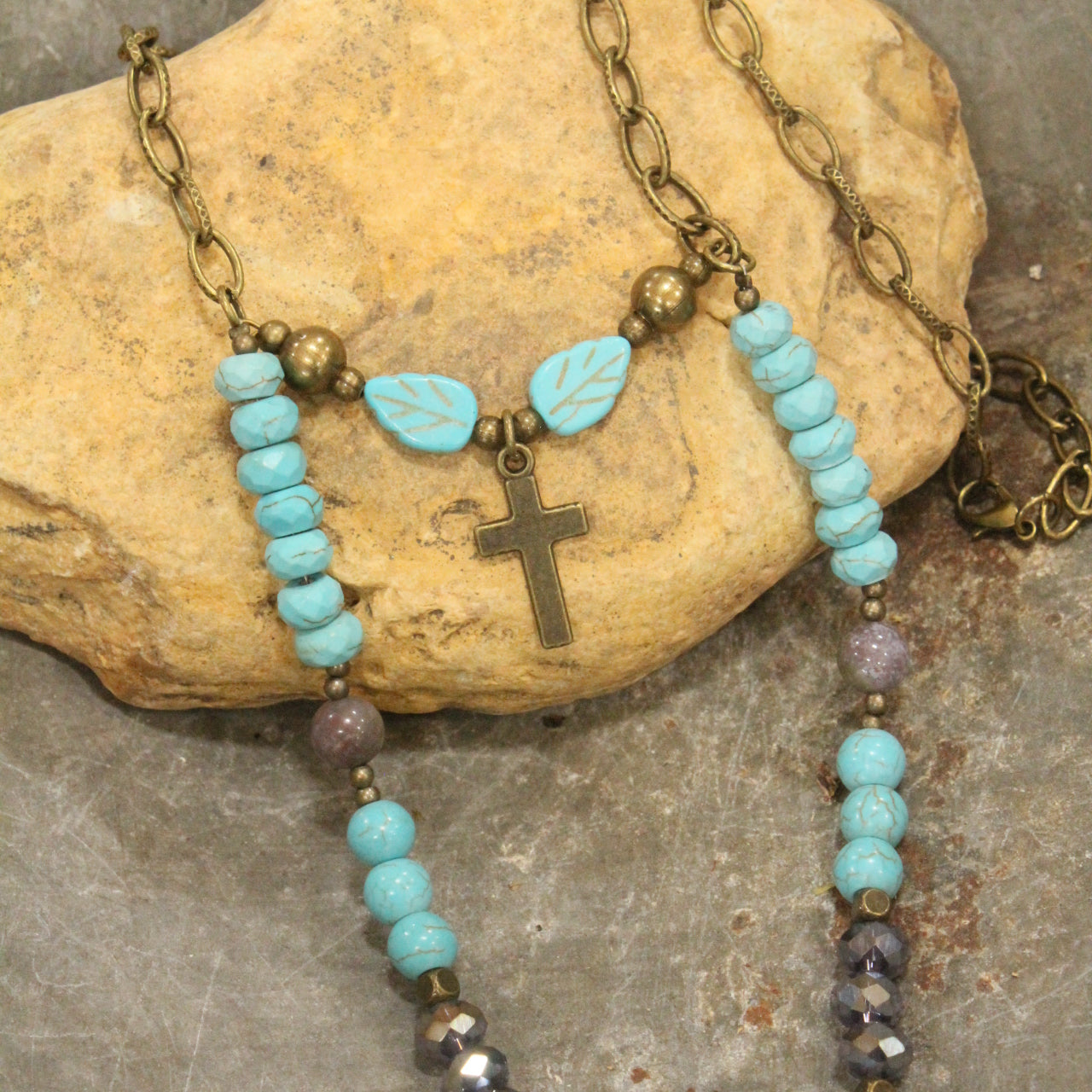 Turquoise Cross & Leaf Drop Pendant Layered Necklace