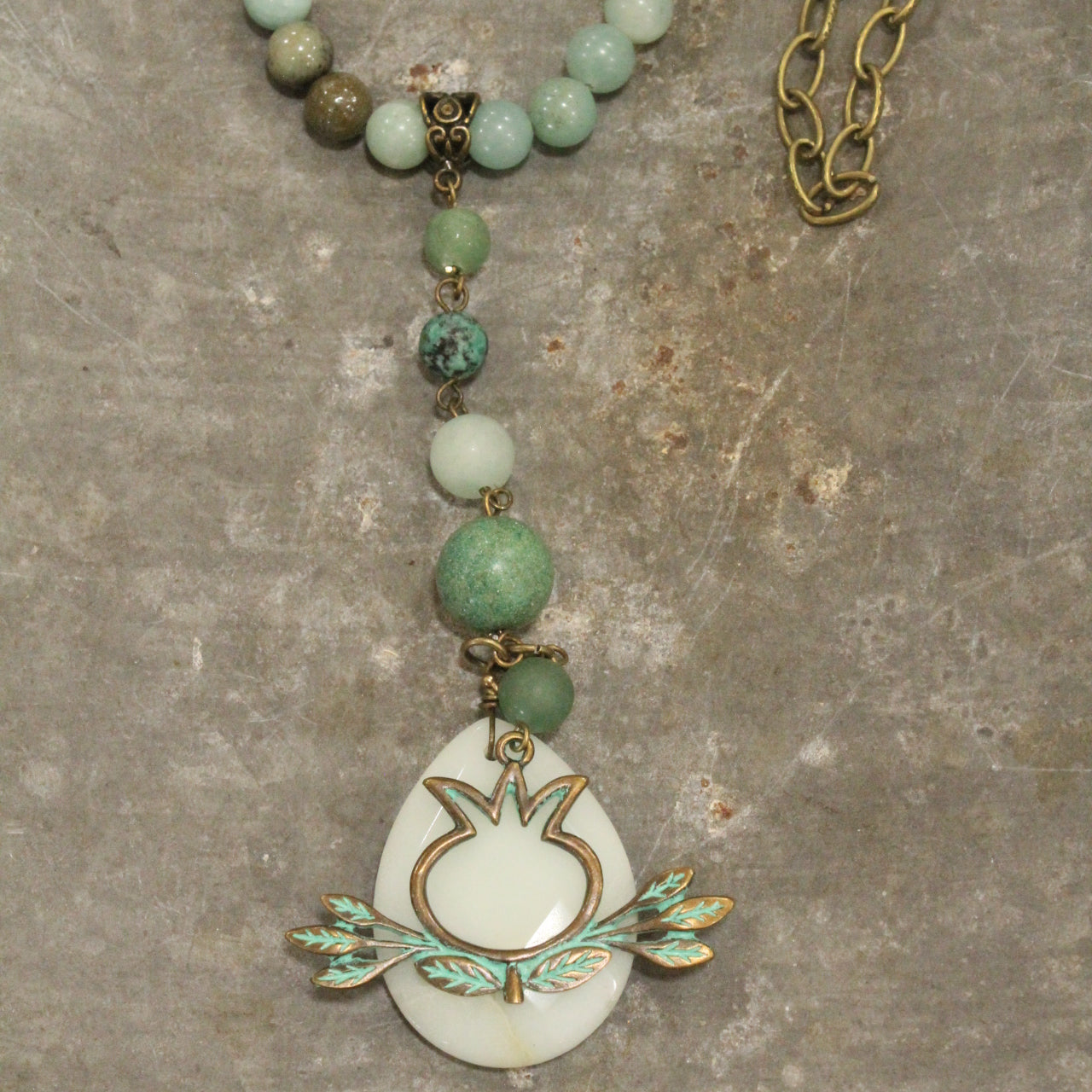 Mint & Bronze Beaded Rosary Pineapple Welcome Pendant Necklace