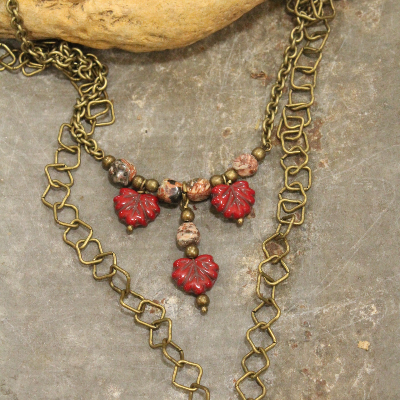 Czech Leaf & Stone Drop Layered Necklace