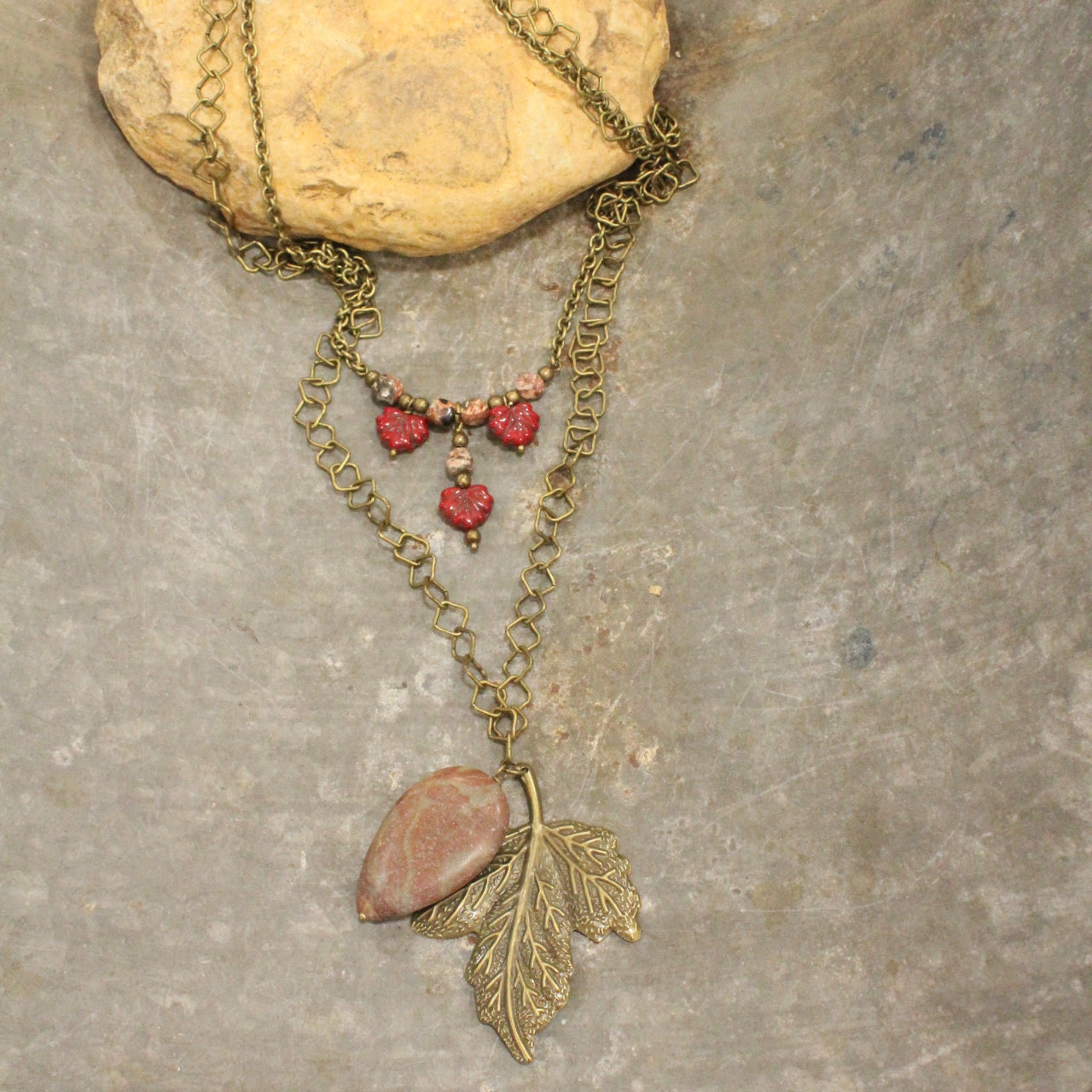 Czech Leaf & Stone Drop Layered Necklace