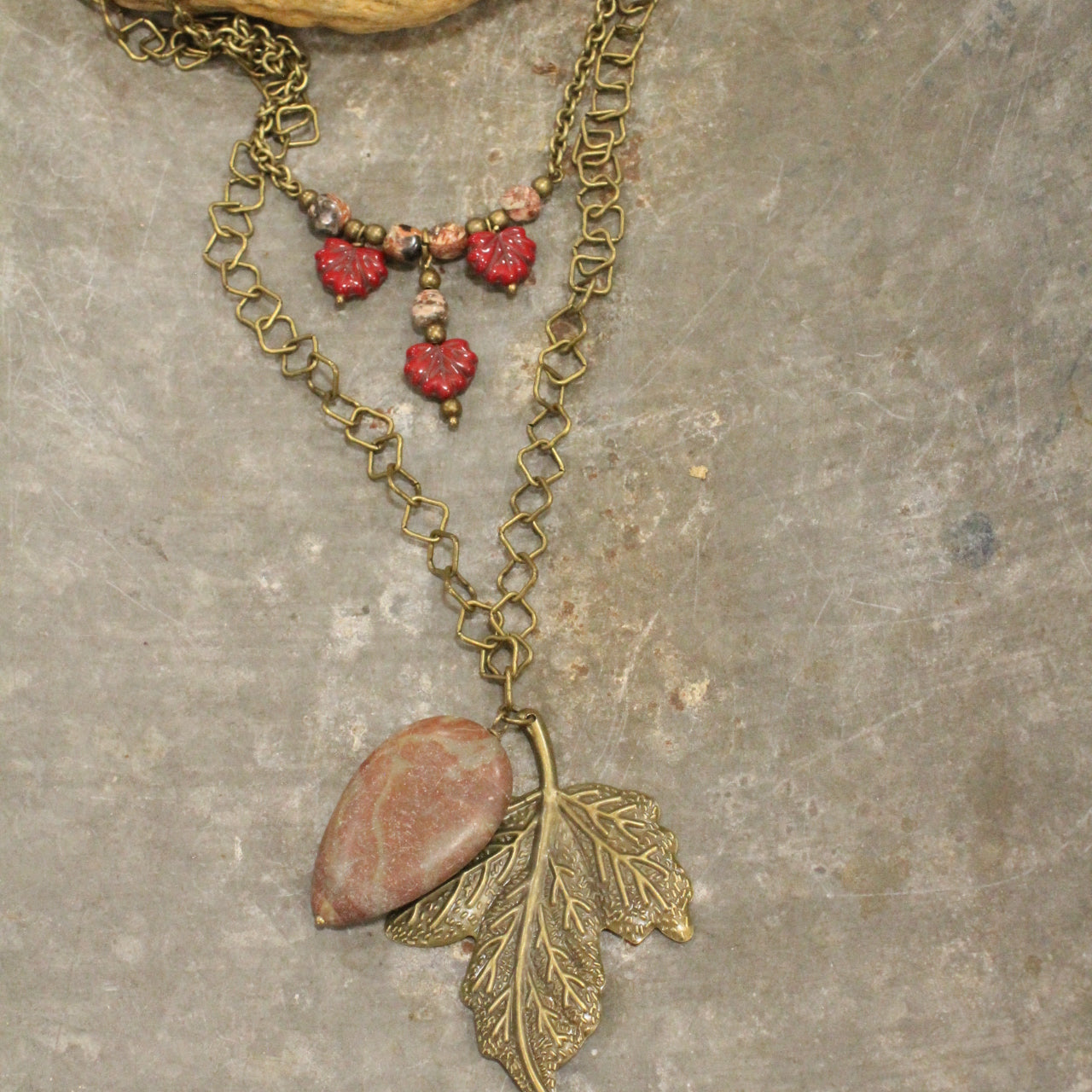 Czech Leaf & Stone Drop Layered Necklace