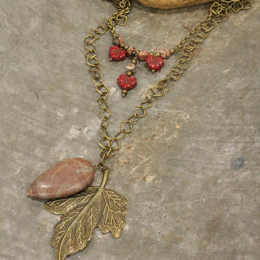 Czech Leaf & Stone Drop Layered Necklace