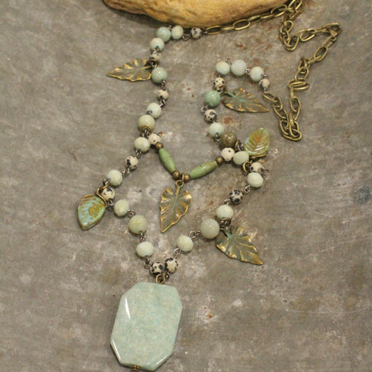 Amazonite Drop Stone & Fall Leaves Necklace