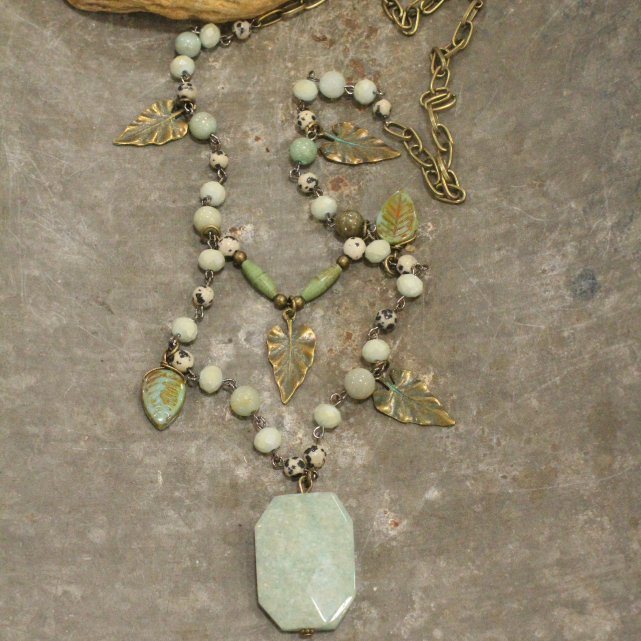 Amazonite Drop Stone & Fall Leaves Necklace