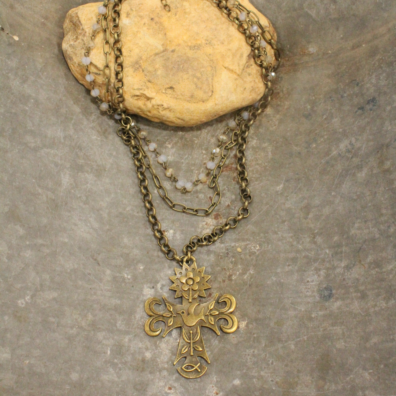 Bronze Cross Pendant Drop Triple Layered Necklace