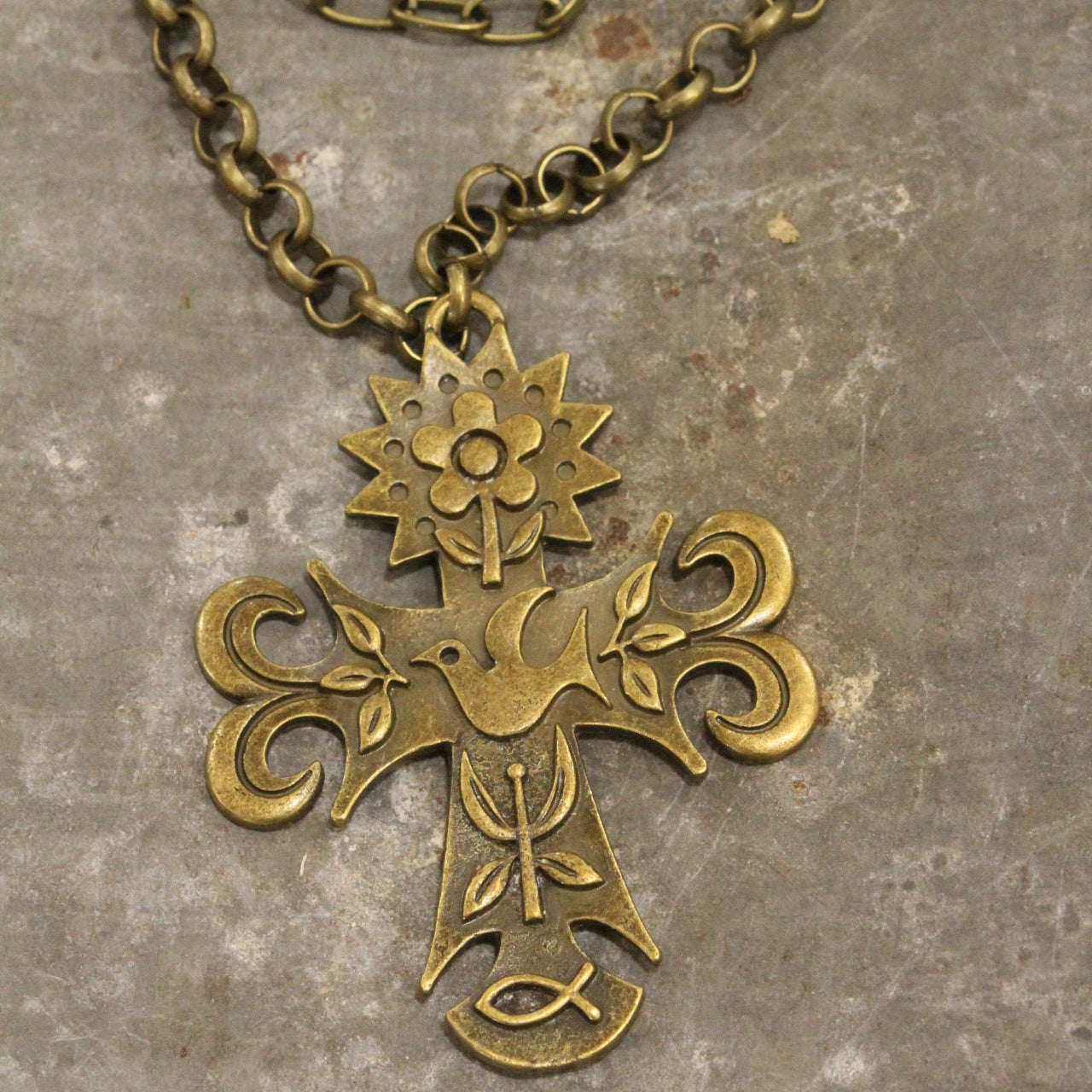 Bronze Cross Pendant Drop Triple Layered Necklace