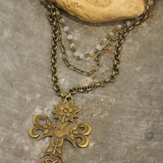 Bronze Cross Pendant Drop Triple Layered Necklace