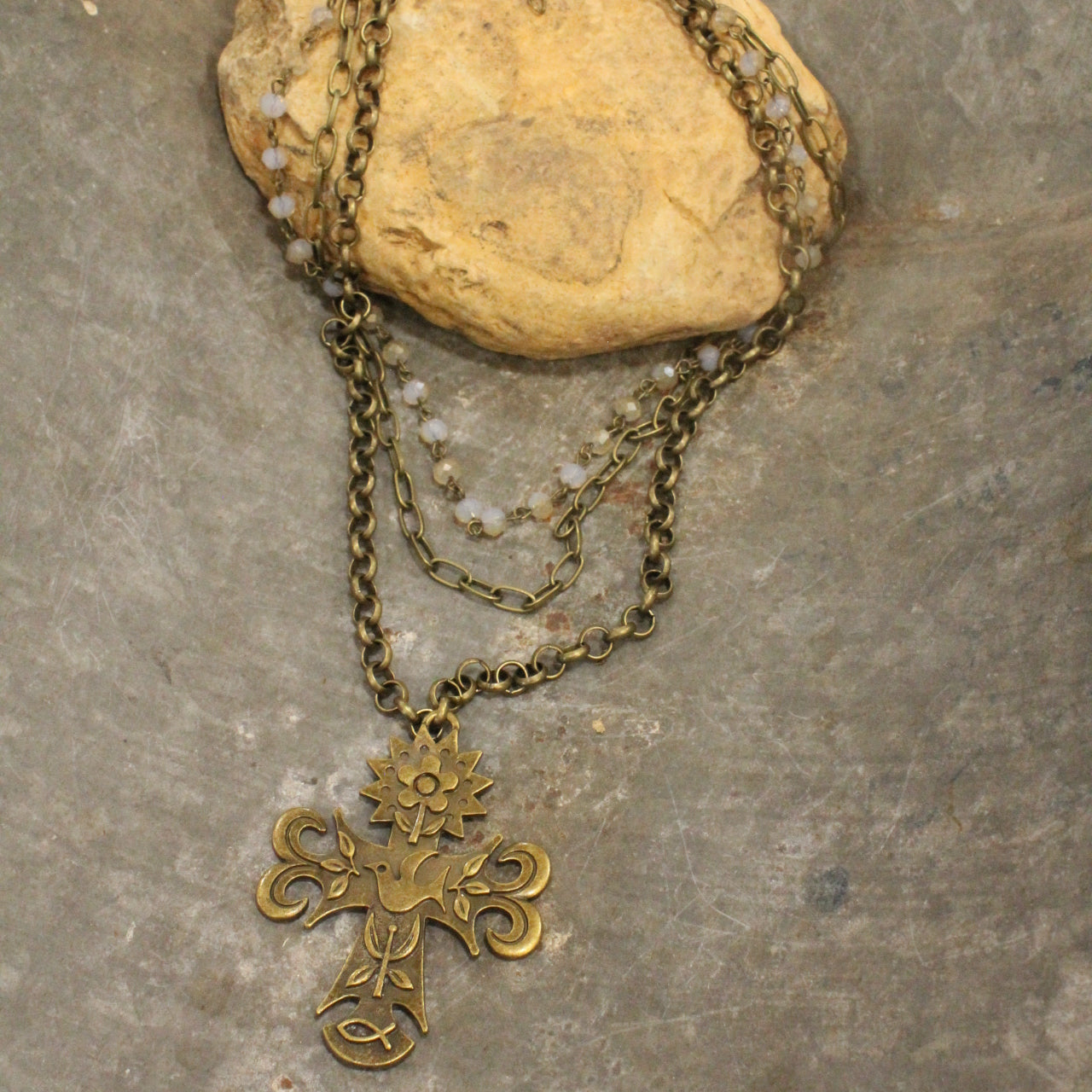 Bronze Cross Pendant Drop Triple Layered Necklace