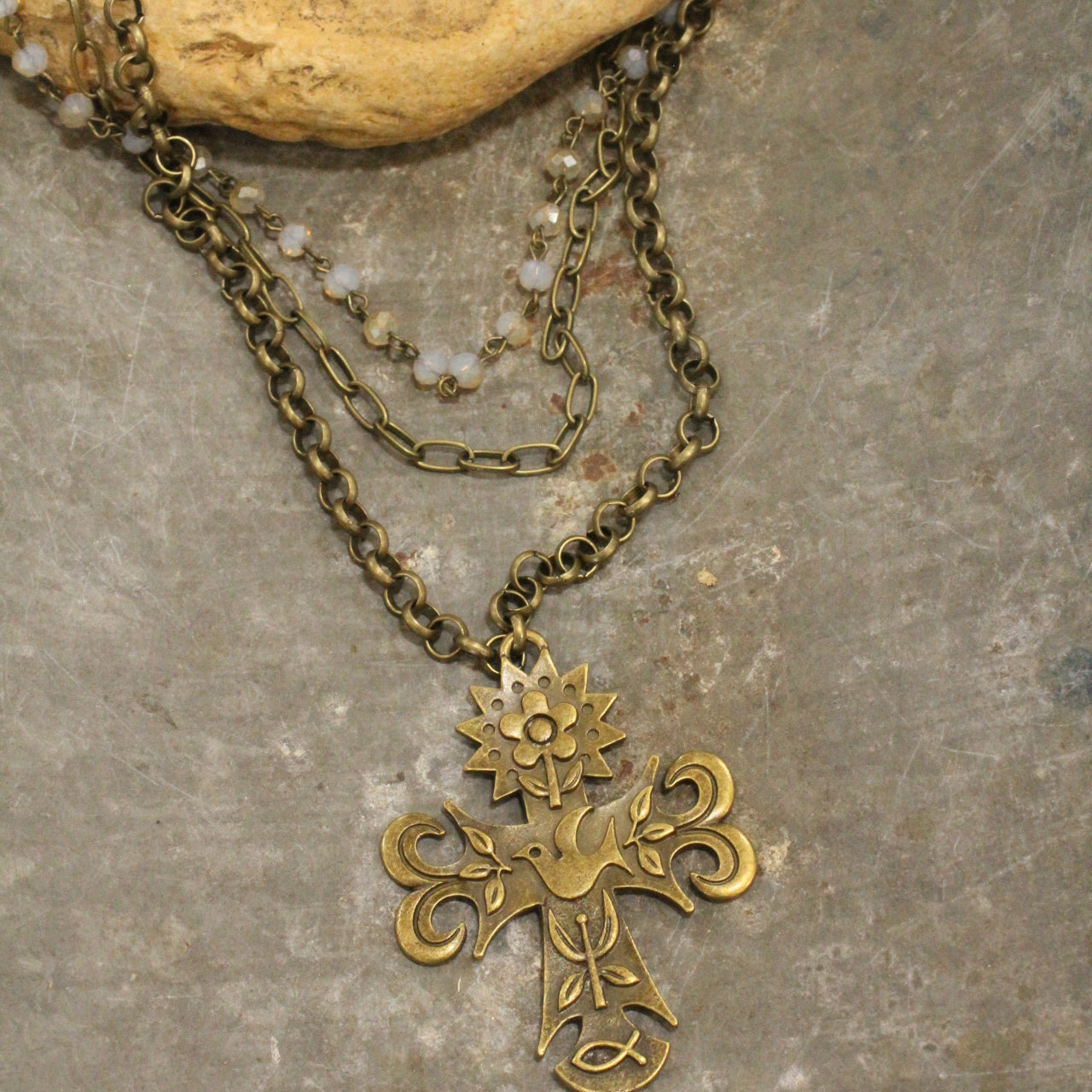 Bronze Cross Pendant Drop Triple Layered Necklace