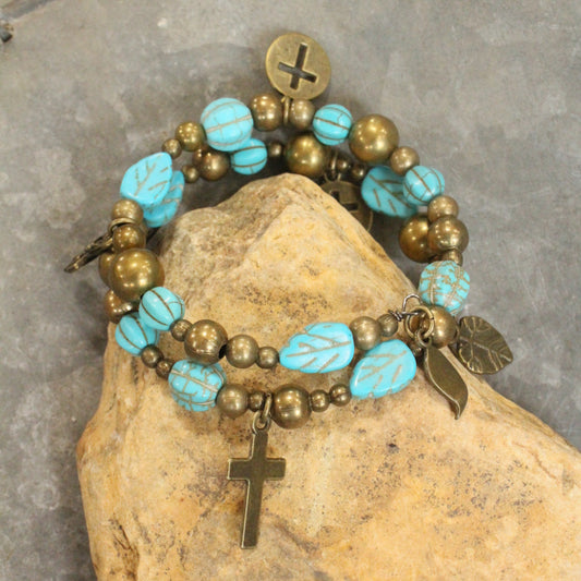 Turquoise Cross & Leaf Drop Wrap Bracelet