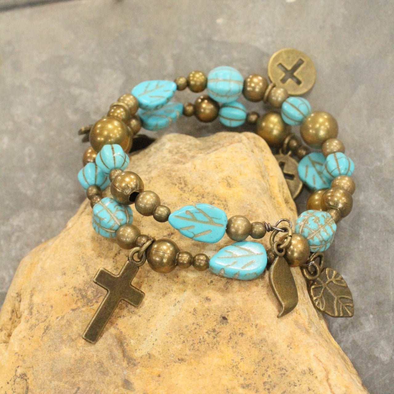 Turquoise Cross & Leaf Drop Wrap Bracelet