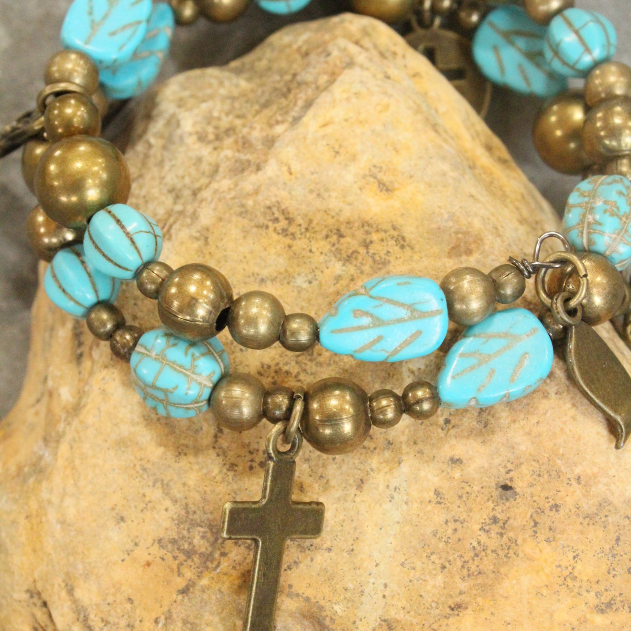 Turquoise Cross & Leaf Drop Wrap Bracelet