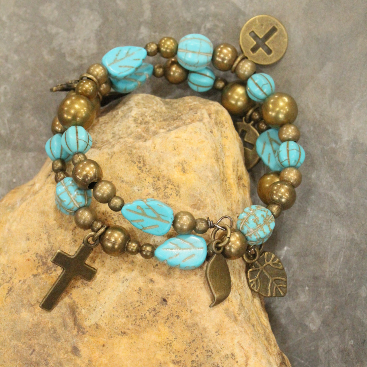 Turquoise Cross & Leaf Drop Wrap Bracelet