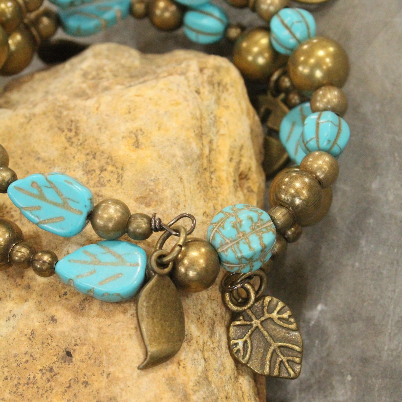 Turquoise Cross & Leaf Drop Wrap Bracelet