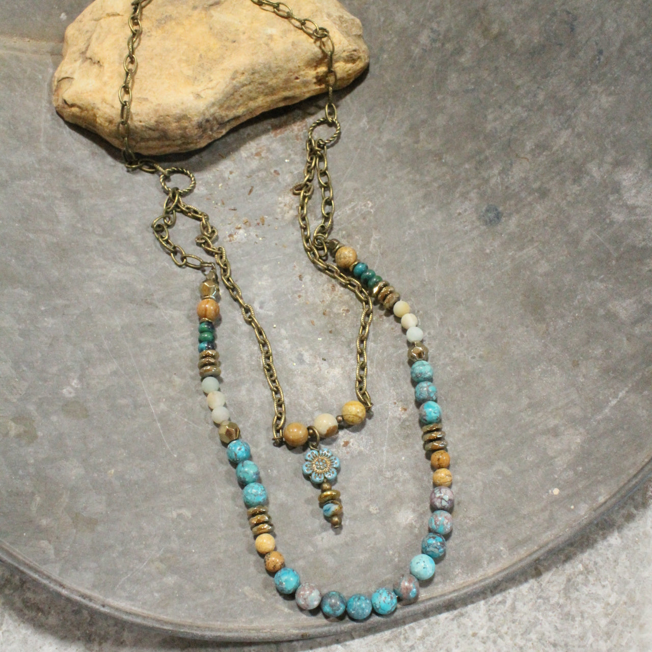 Flower Child Dangle Turquoise Stone Layered Necklace