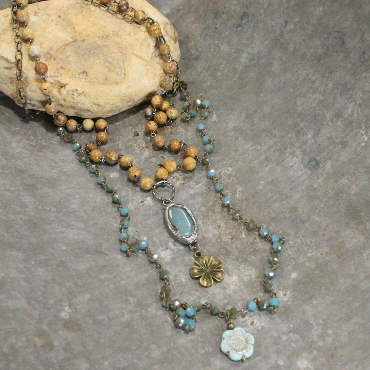 Jasper, Flower, & Czech Pendant Drop Layered Necklace