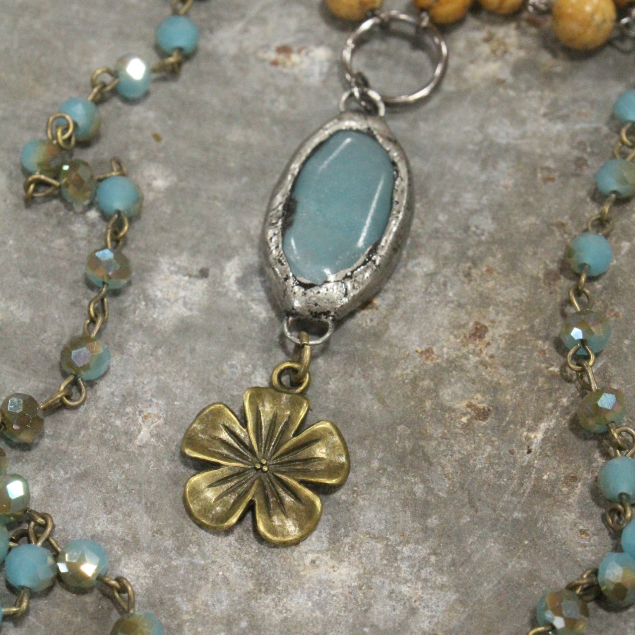 Jasper, Flower, & Czech Pendant Drop Layered Necklace