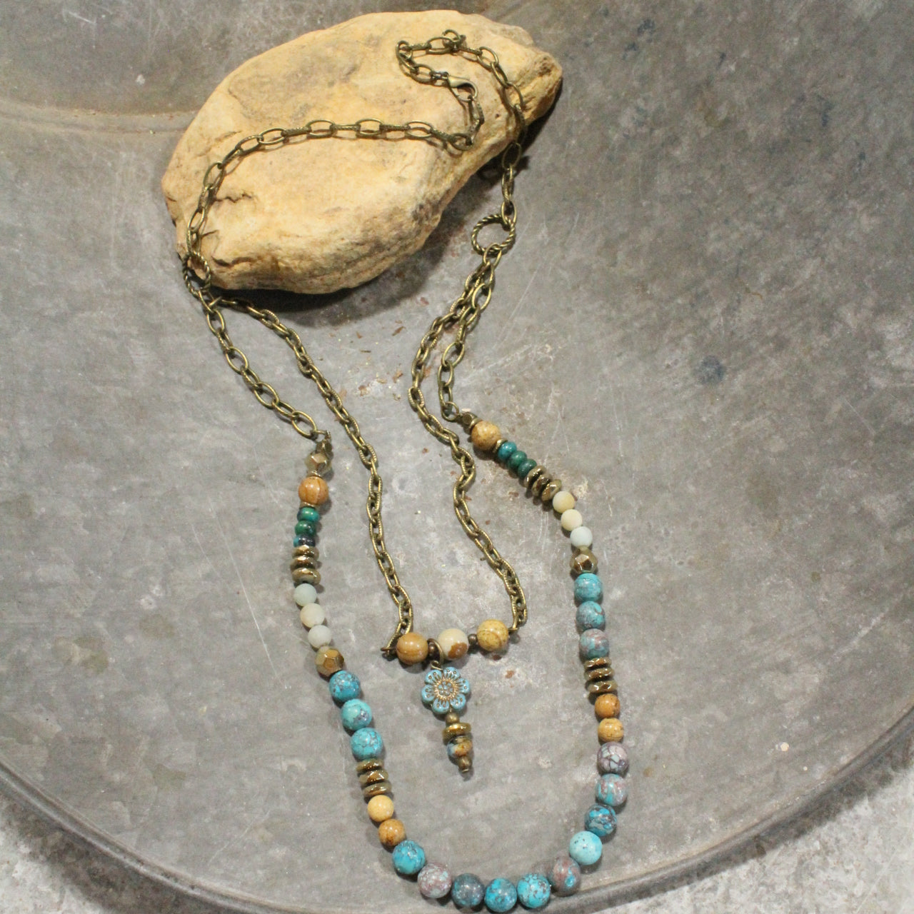 Flower Child Dangle Turquoise Stone Layered Necklace