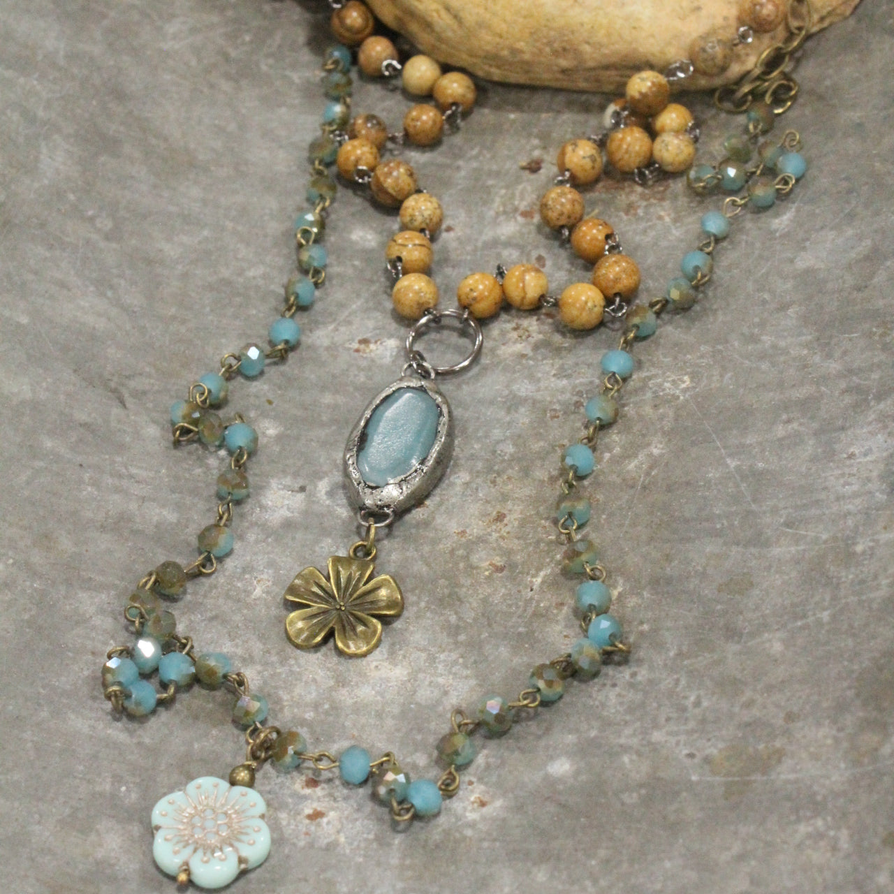 Jasper, Flower, & Czech Pendant Drop Layered Necklace