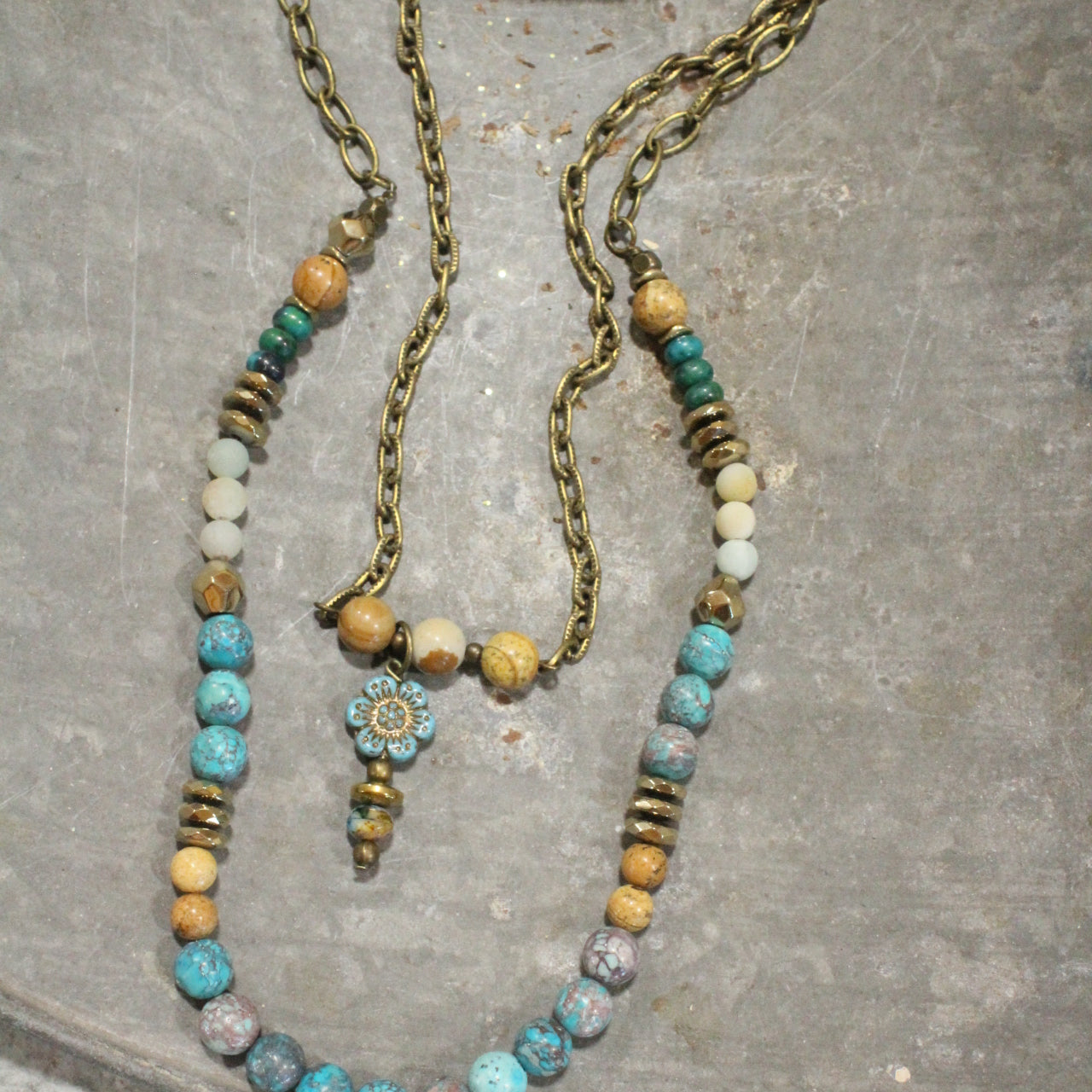 Flower Child Dangle Turquoise Stone Layered Necklace