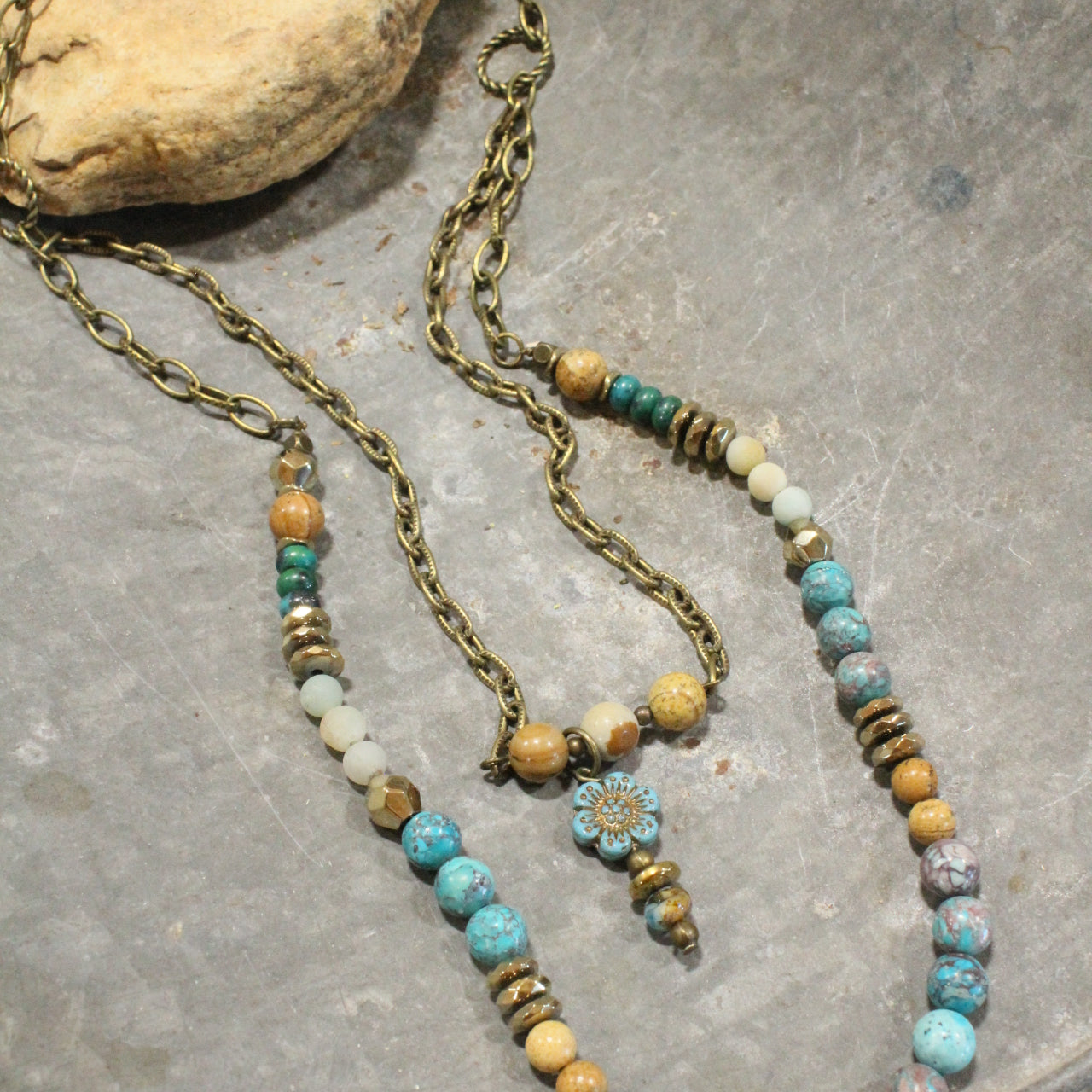 Flower Child Dangle Turquoise Stone Layered Necklace