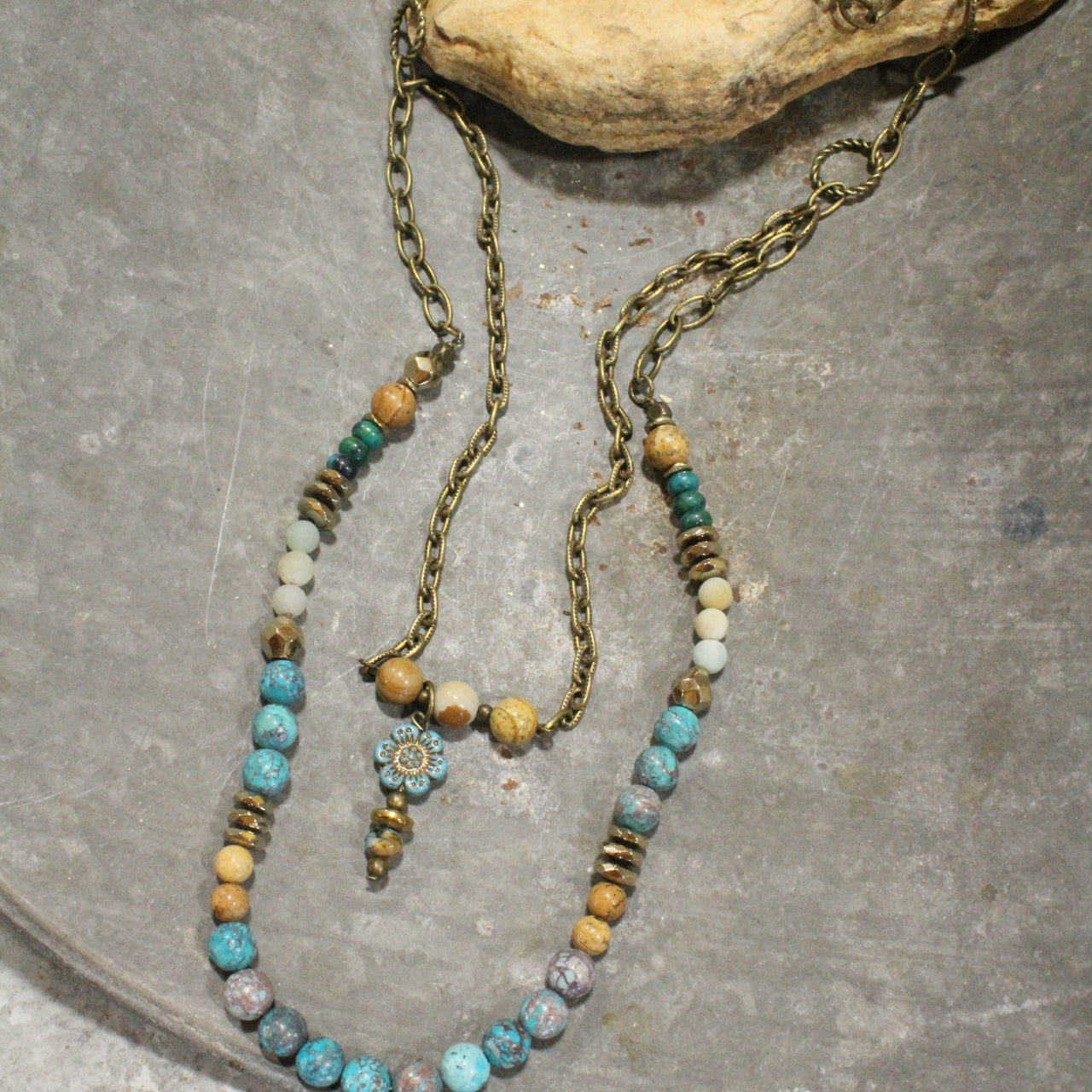 Flower Child Dangle Turquoise Stone Layered Necklace