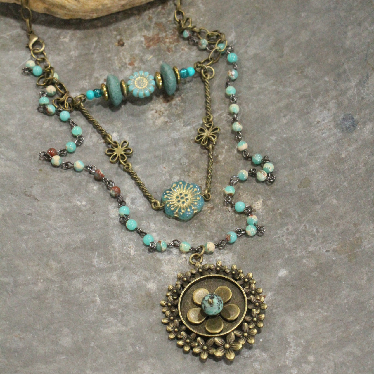 Shades Of Mint Czech Flowers & Bronze Pendant Drop Layered Necklace