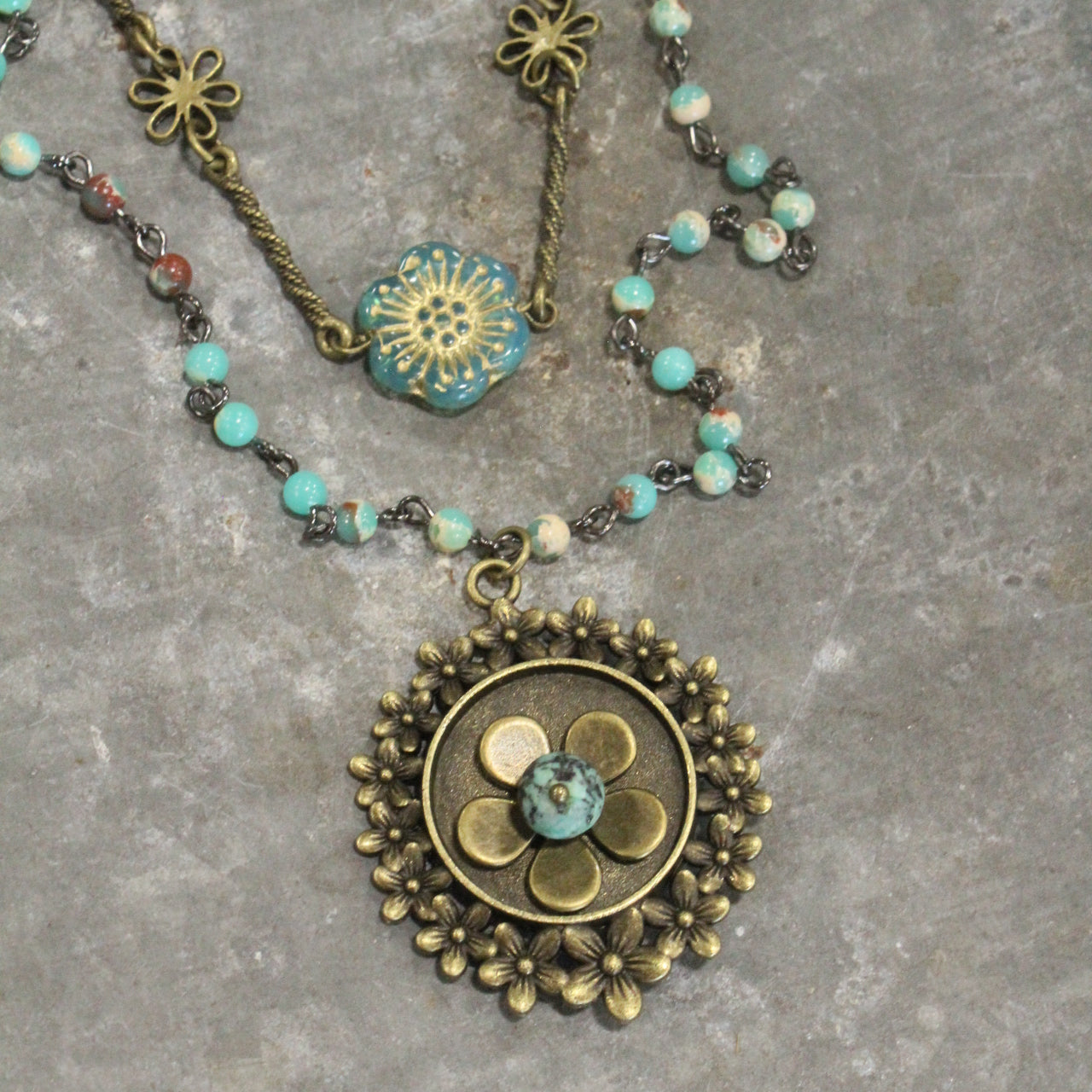 Shades Of Mint Czech Flowers & Bronze Pendant Drop Layered Necklace