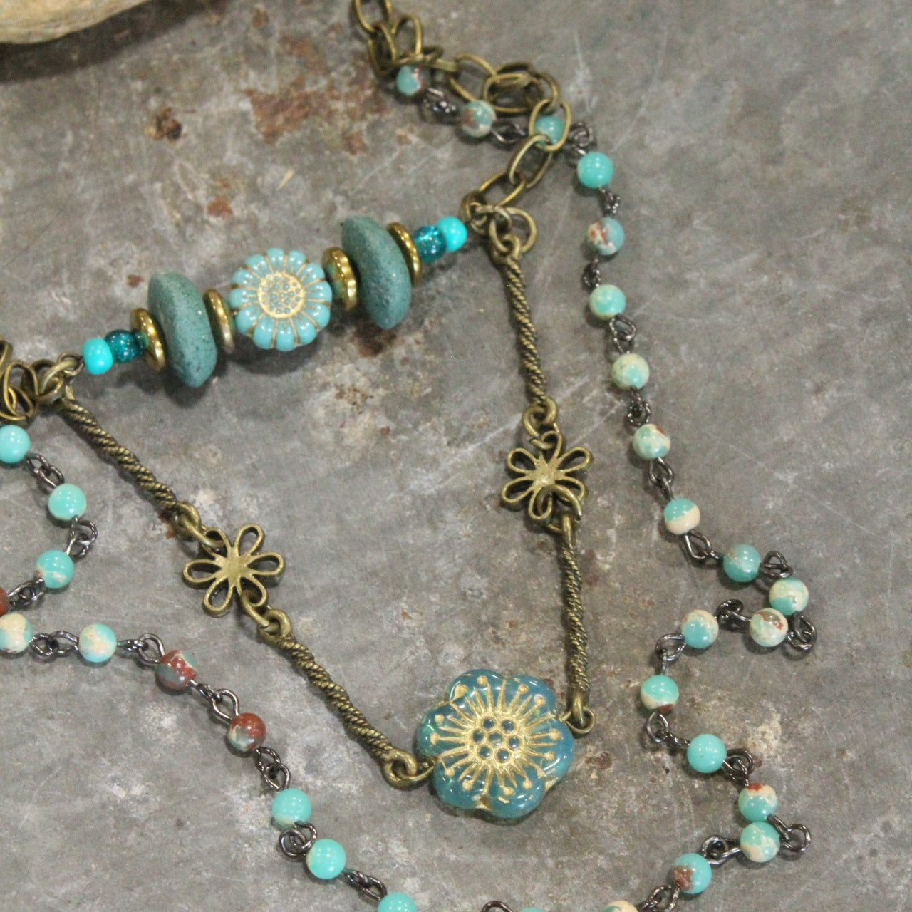 Shades Of Mint Czech Flowers & Bronze Pendant Drop Layered Necklace