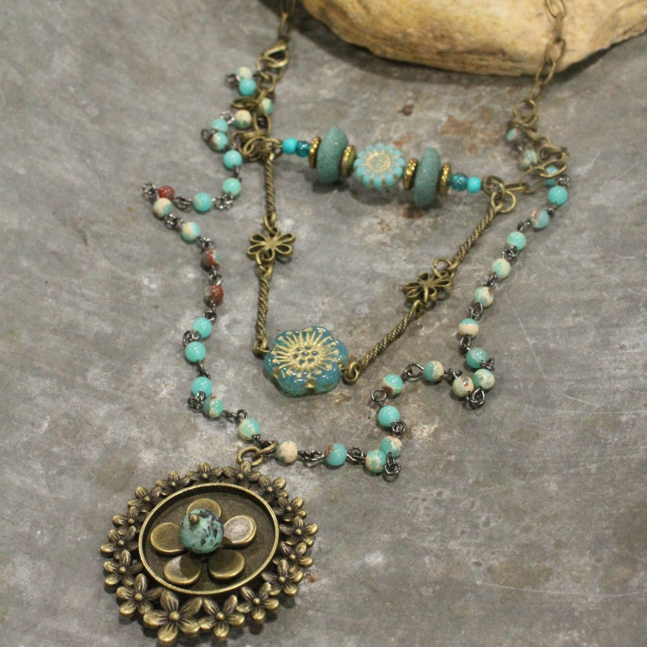 Shades Of Mint Czech Flowers & Bronze Pendant Drop Layered Necklace