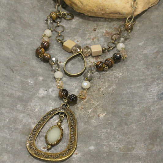 Bronze Rosary Chain & Czech Pendant Drop Layered Necklace