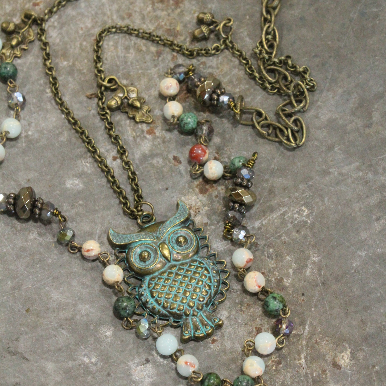 Fall Leaves & Owl Pendant Mixed Color Stone Drop Necklace