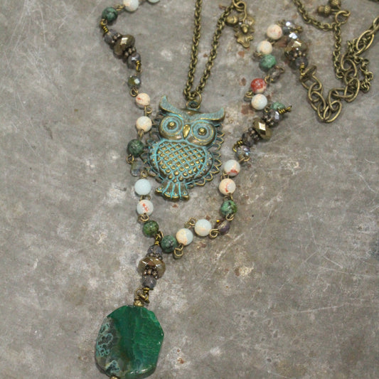 Fall Leaves & Owl Pendant Mixed Color Stone Drop Necklace