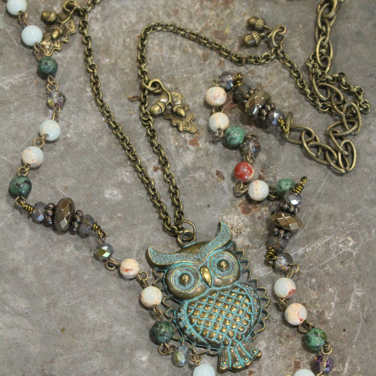 Fall Leaves & Owl Pendant Mixed Color Stone Drop Necklace