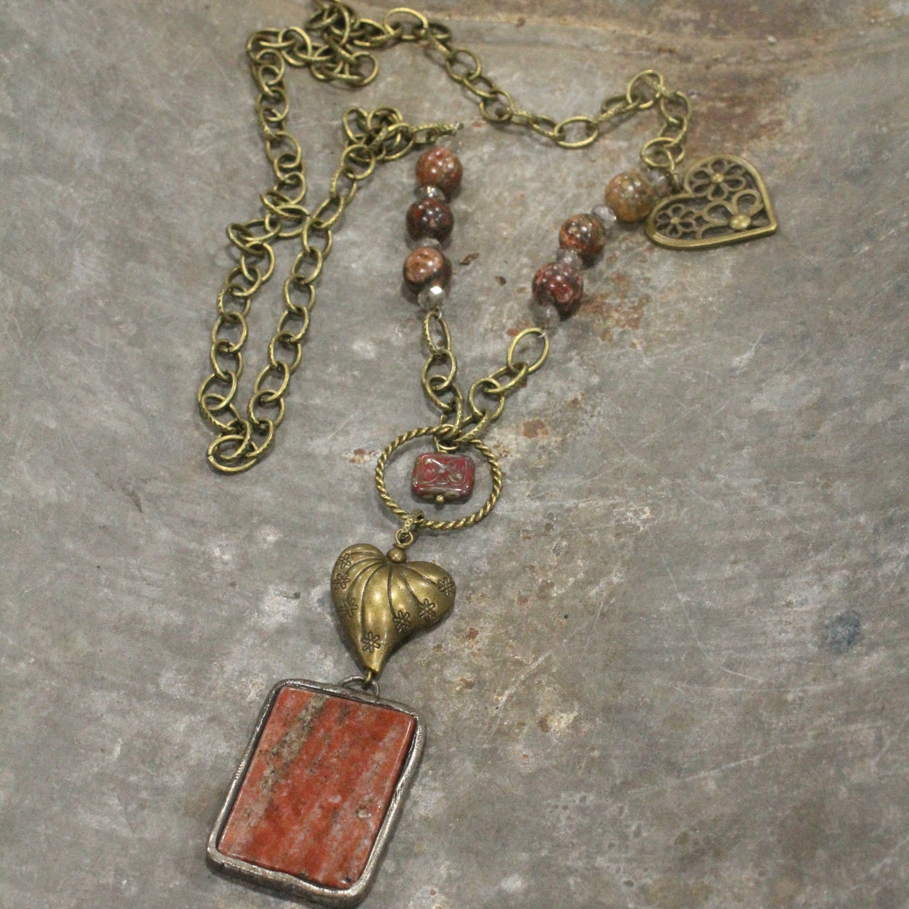 Ethnic Styled Heart & Stone Drop Double Layer Necklace