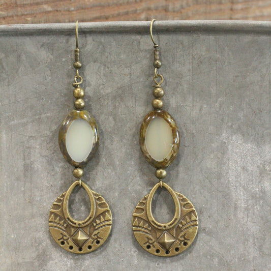 Bronze Ethnic Pendant & Czech Glass Drop Earrings